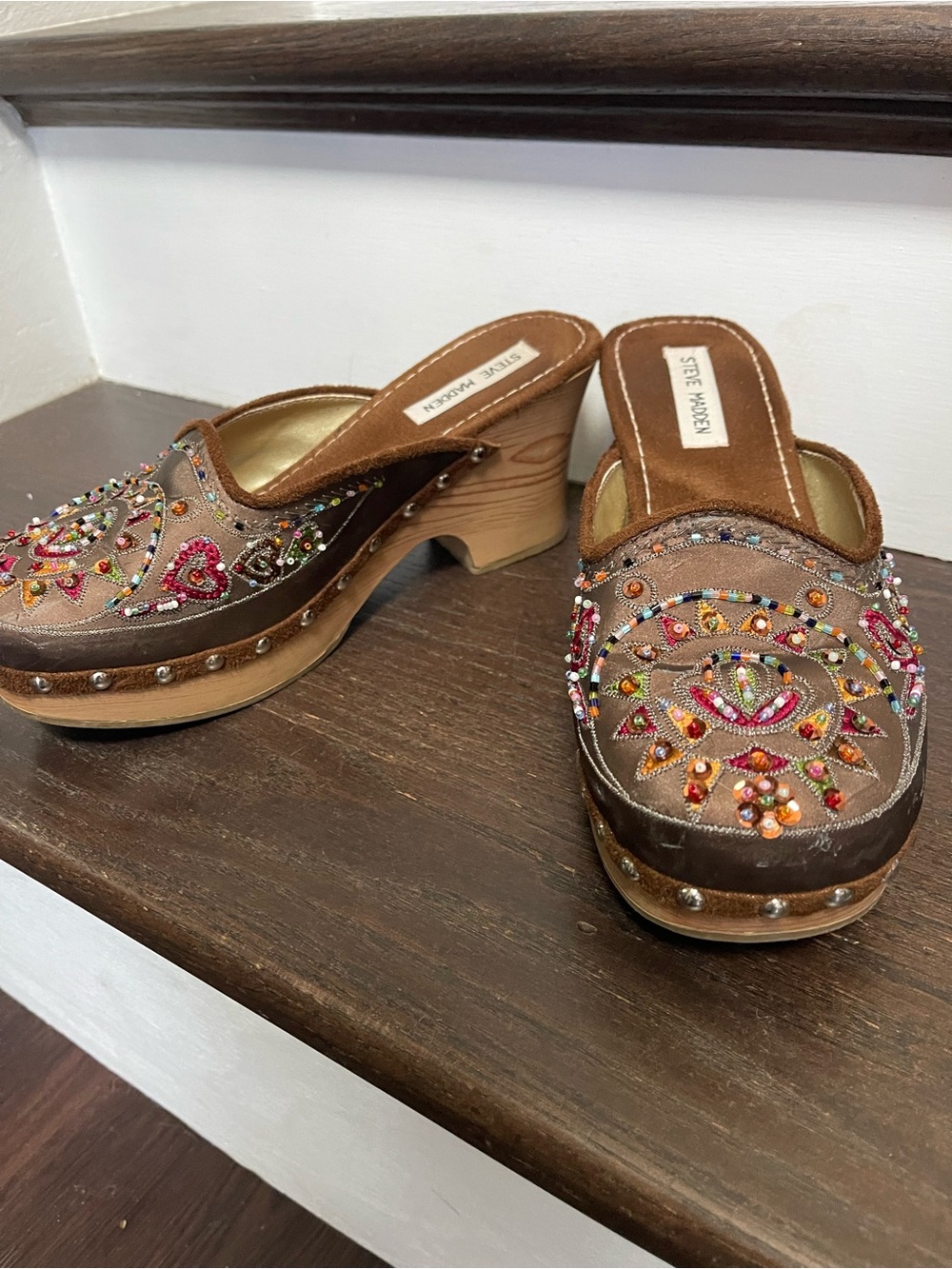 Steve Madden Brown Embellished Beaded Clog Mules